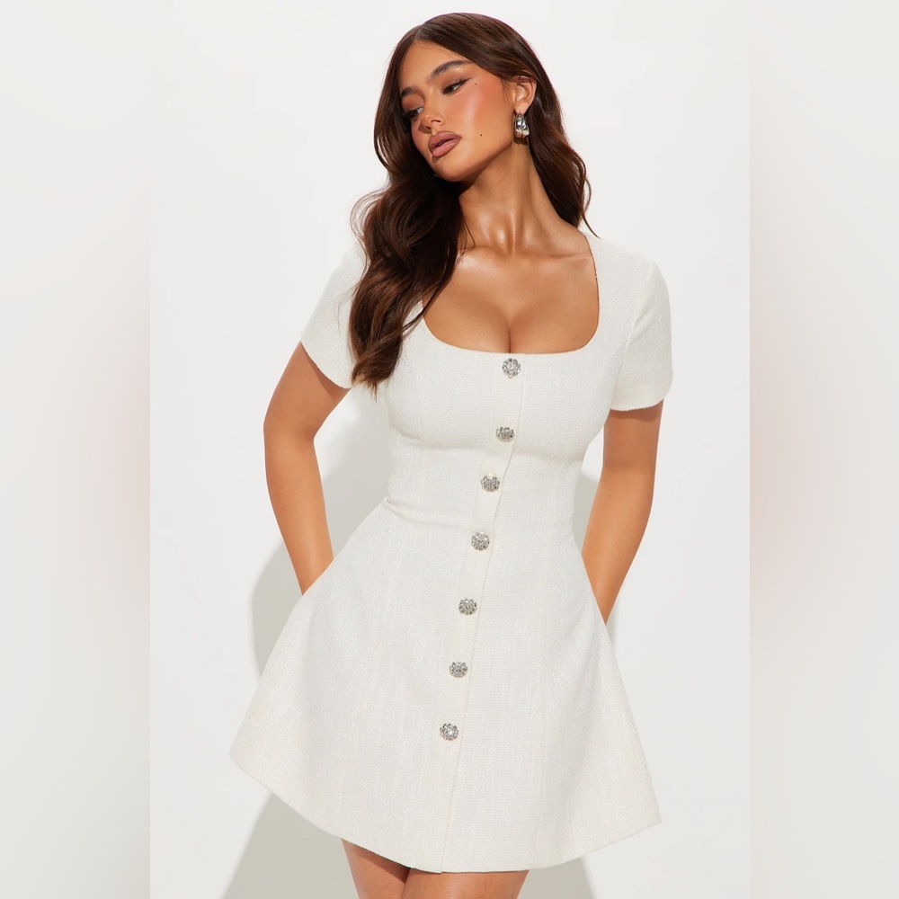 Fashion Nova Elegant Cream Tweed Button-Down Dress